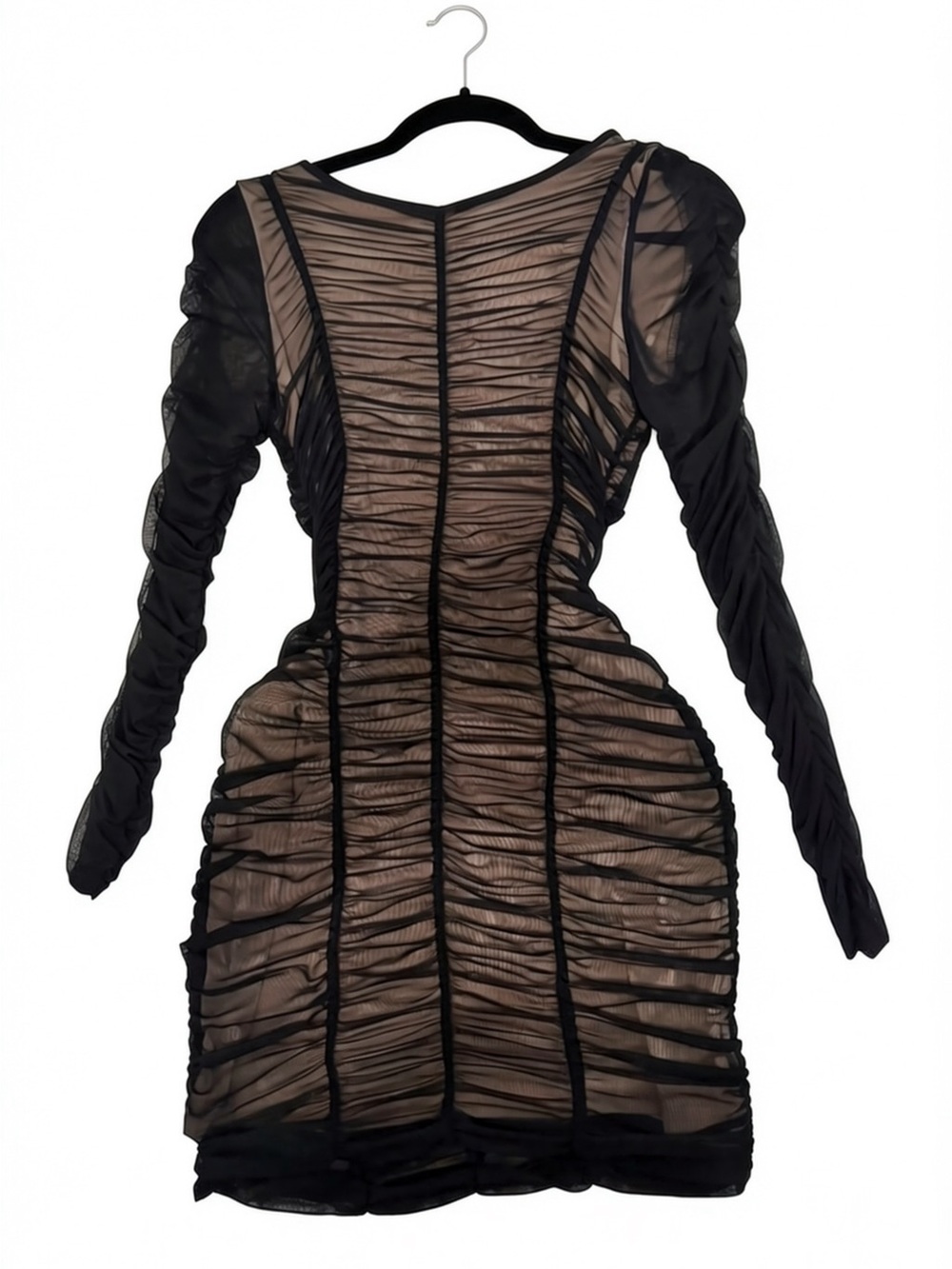 Bebe Sheer Ruched Black Long-Sleeve Bodycon Dress